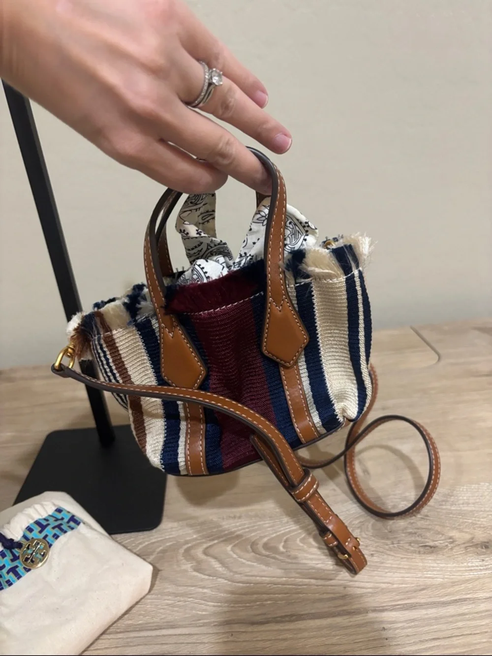 Tory Burch Perry Striped Canvas Mini Tote Crossbody Bag - Picture 4 of 6